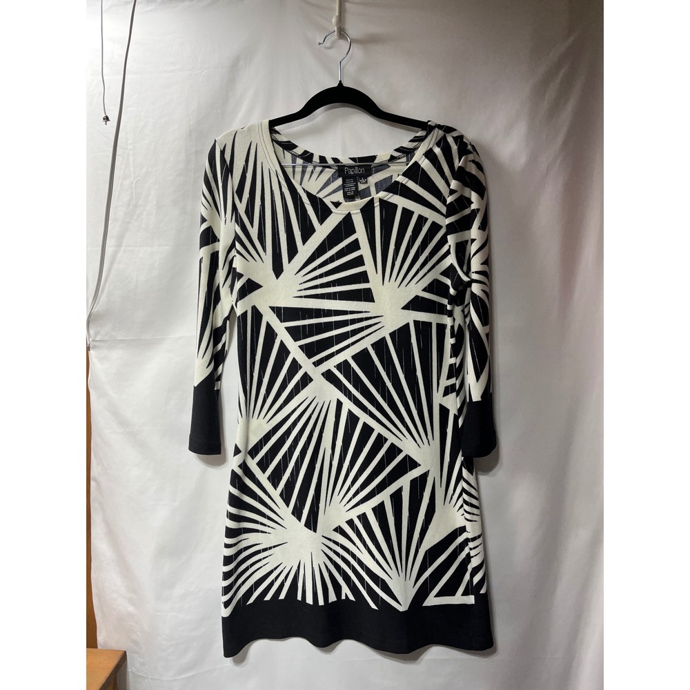 Papillon Womens Black White Geometric Fan Print 3/4 Sleeve Tunic Dress Large